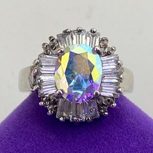 Iridescent Oval Halo Ring - Multicolor Crystal on Silver Band Size 8